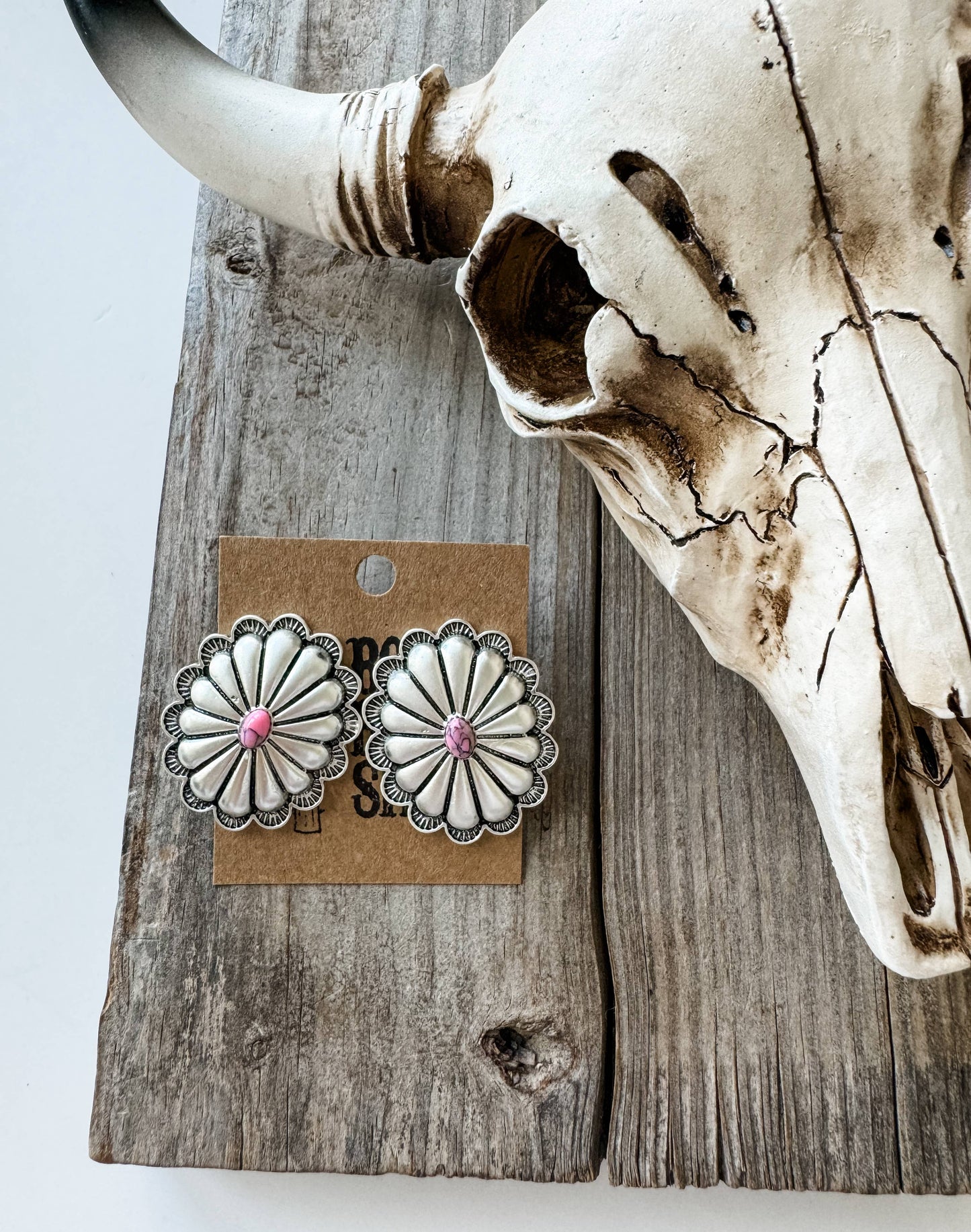 Western Large Concho Stud Earrings: WHITE