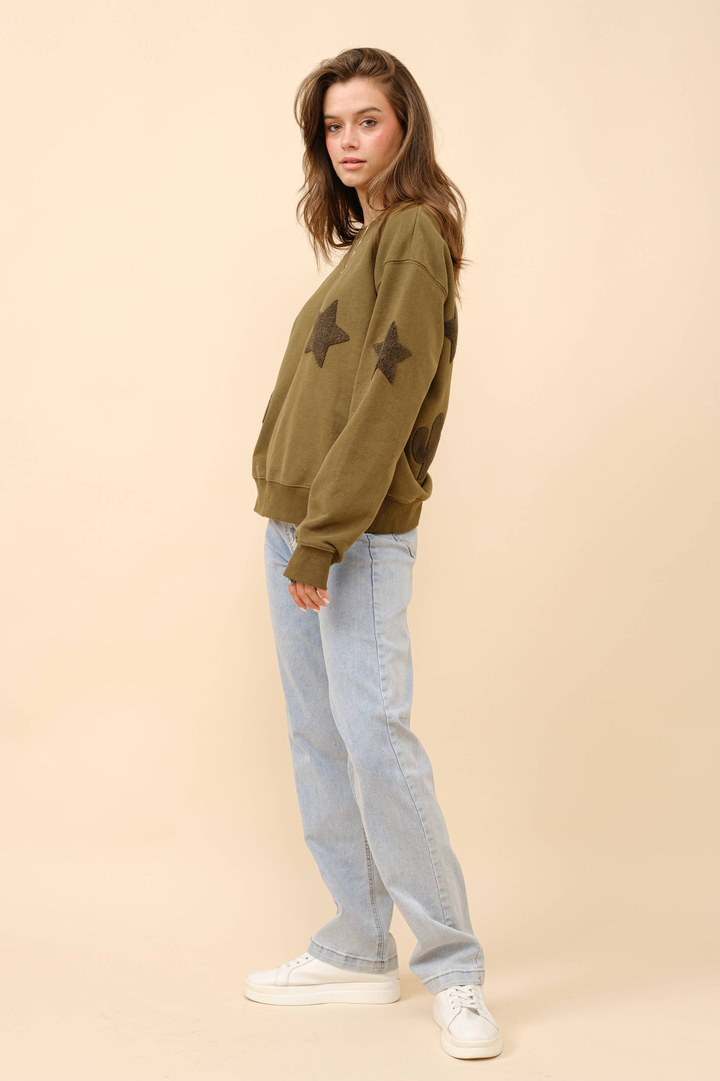 35073T - Western Textured Patchwork Sweatshirt: OLIVE / S