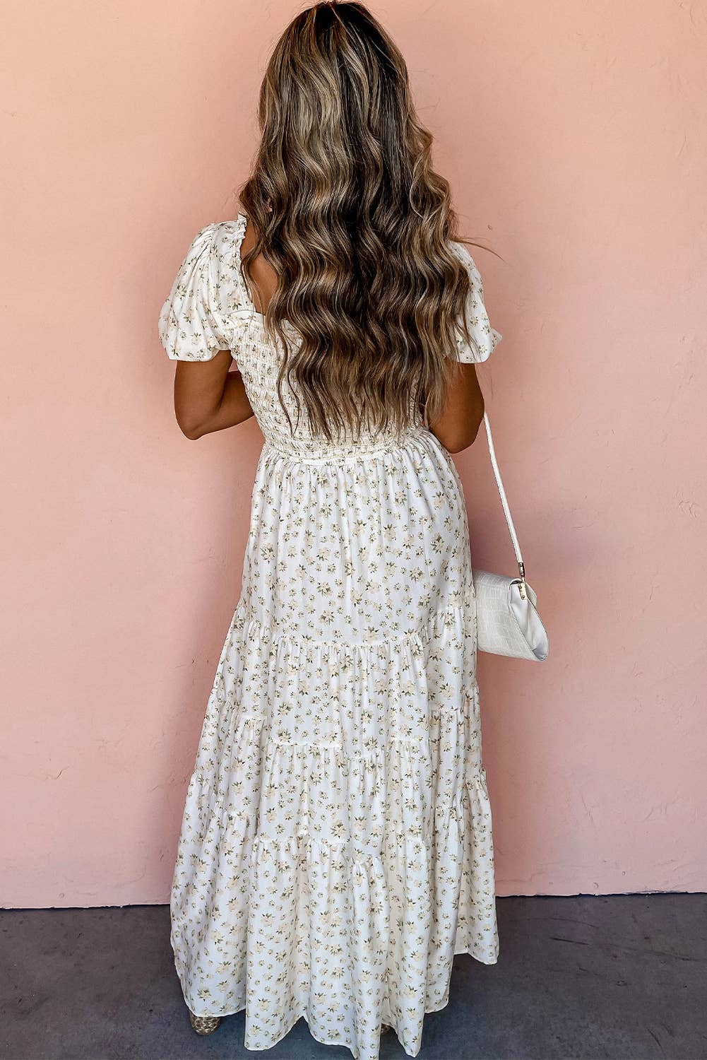 White Frilly Shirred Bodice Tiered Floral Maxi Dress: XL