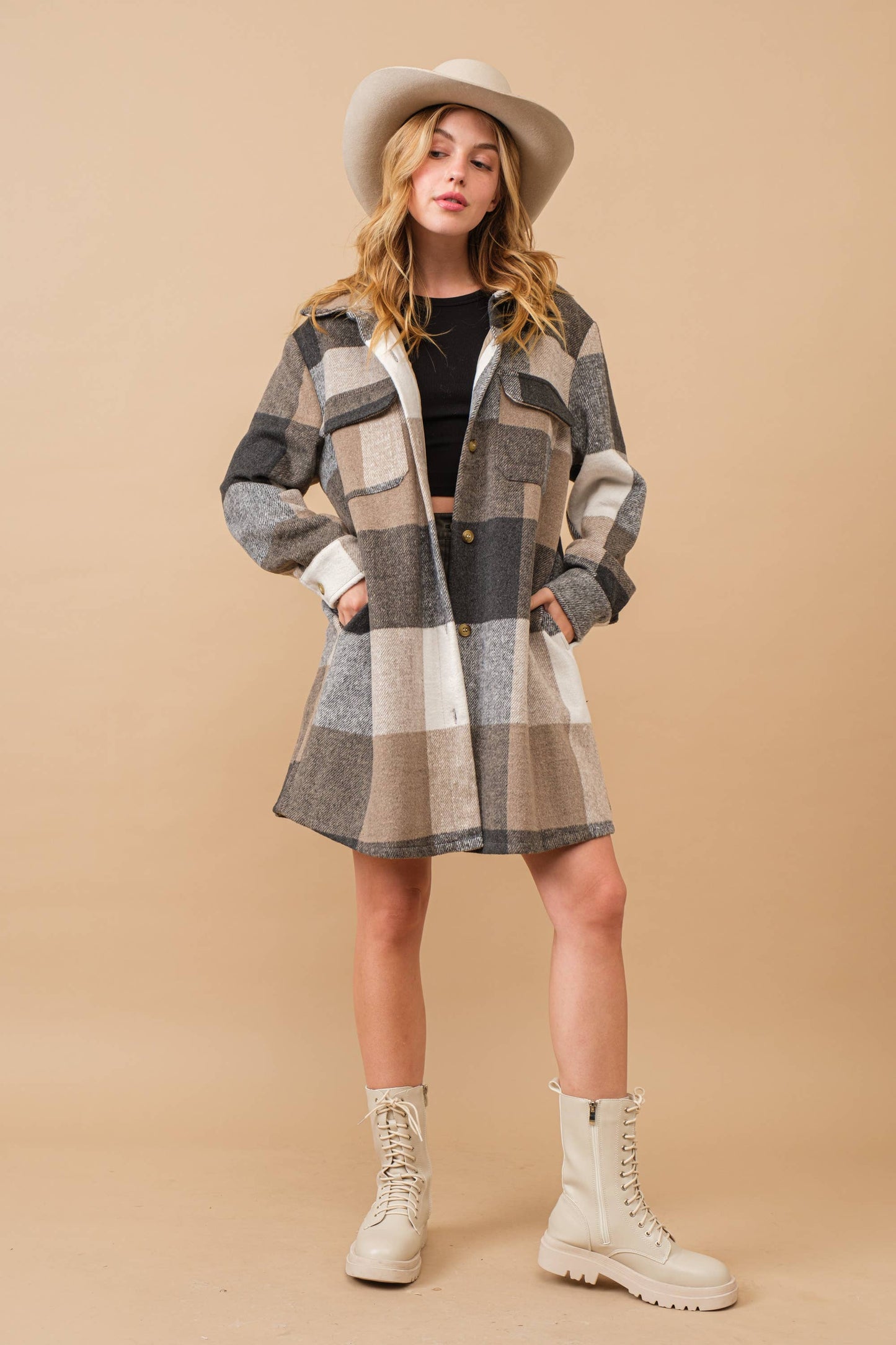 Yarn Dyed Plaid Button Up Long Shirt Jacket: