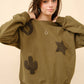 35073T - Western Textured Patchwork Sweatshirt: OLIVE / S