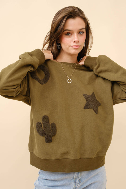 35073T - Western Textured Patchwork Sweatshirt: OLIVE / S