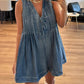 V-Neck Lace-Up Sleeveless Denim Shorts Jumpsuit: Darkblue / L