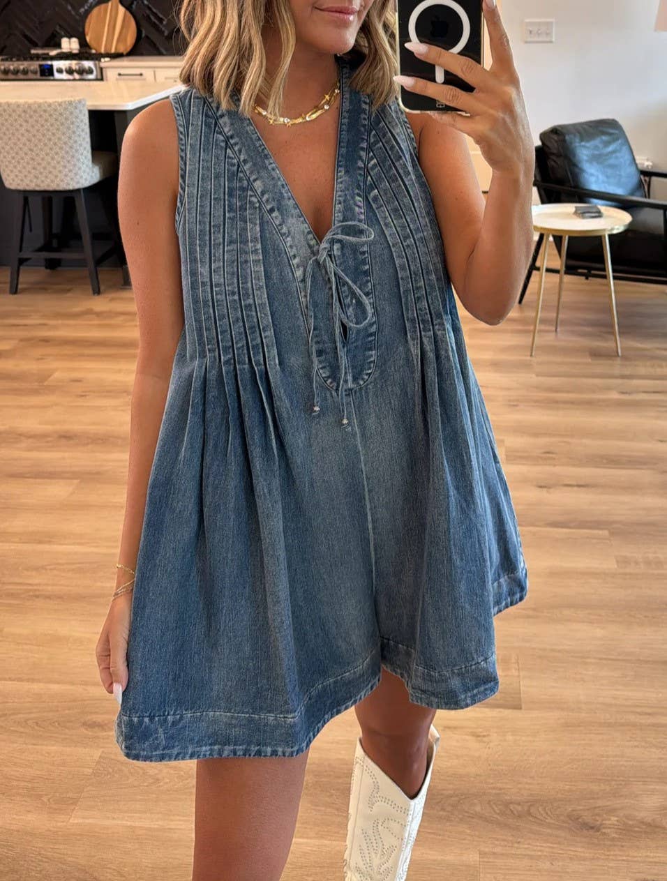 V-Neck Lace-Up Sleeveless Denim Shorts Jumpsuit: Darkblue / L