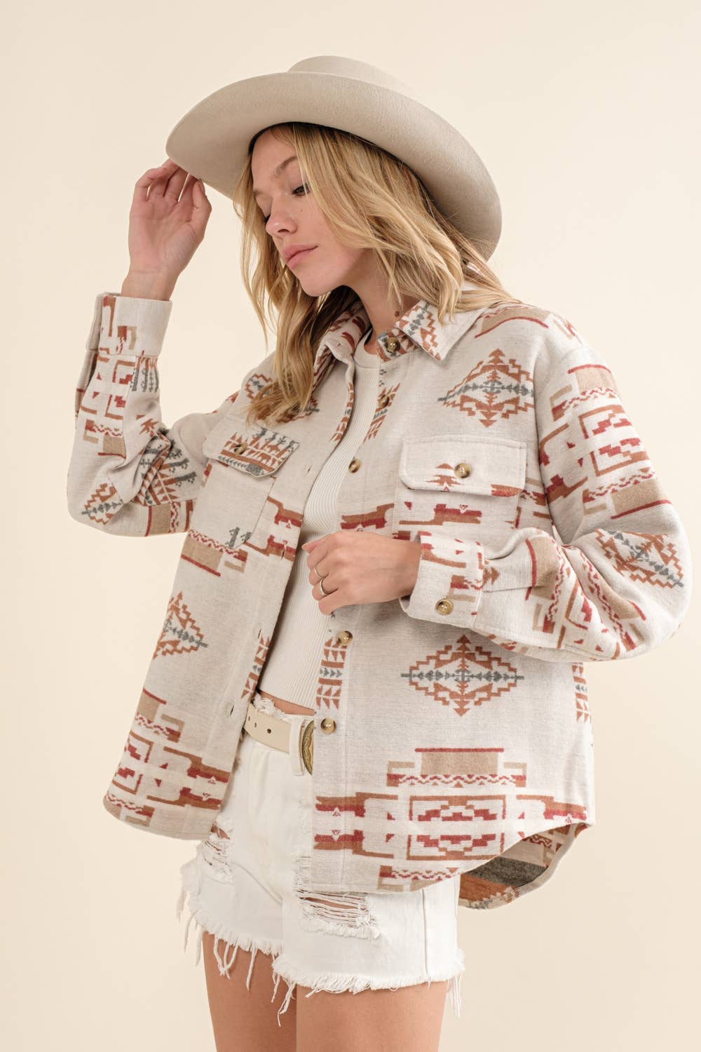 Aztec Chest Pocket Front Loose Shirt Jacket: TAUPE