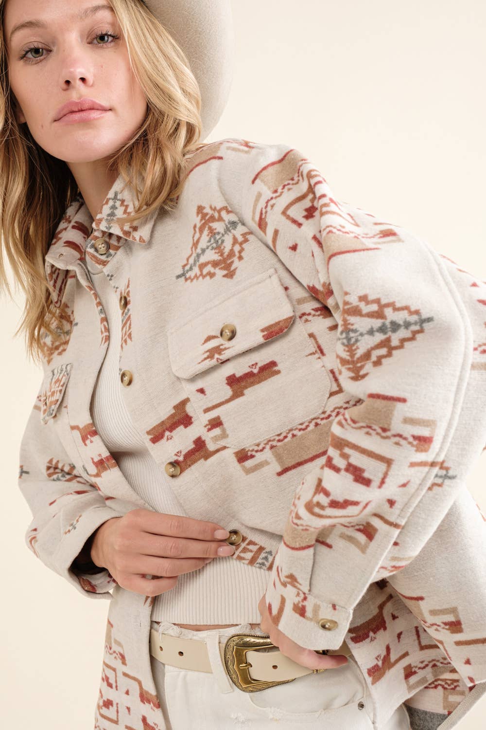 Aztec Chest Pocket Front Loose Shirt Jacket: TAUPE