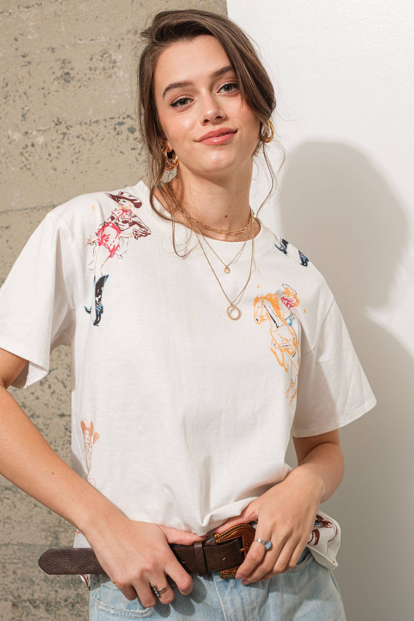 22997T - Western Motif Graphic T Shirt: OFF WHITE