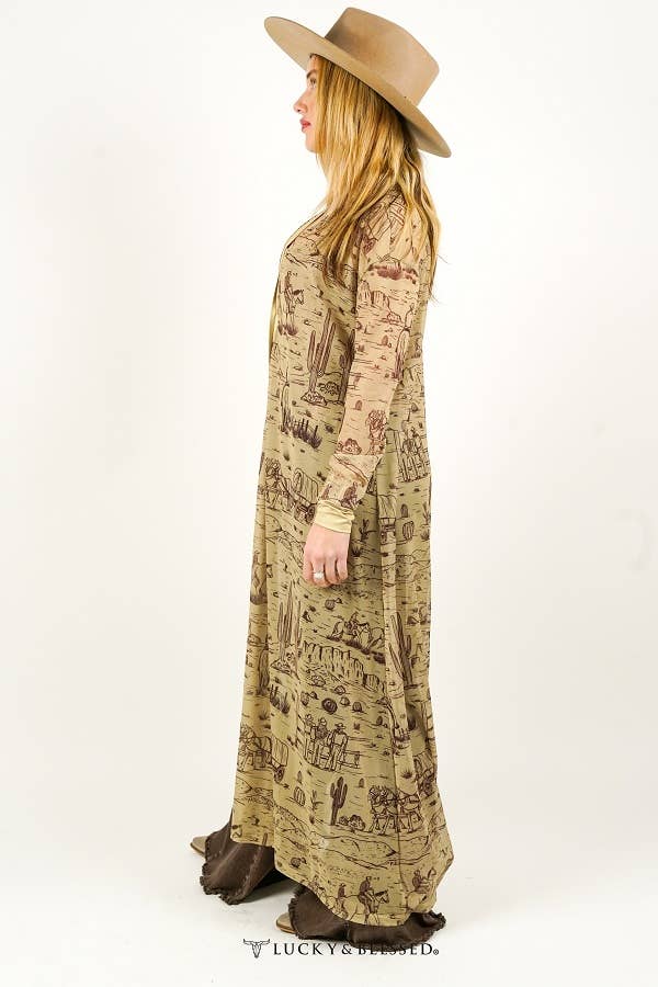 Western Desert Mesh Button Down Maxi Duster: