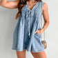 V-Neck Lace-Up Sleeveless Denim Shorts Jumpsuit: Darkblue / L