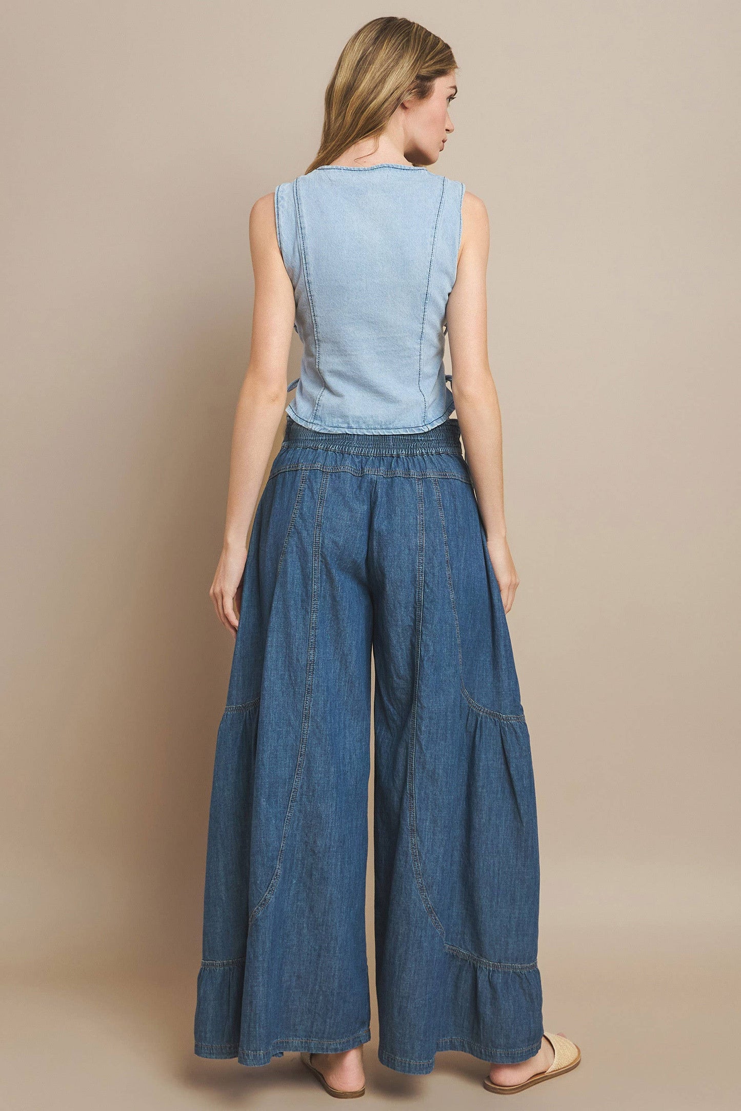 BOHO WIDE LEG DENIM TIERED PALAZZO PANTS