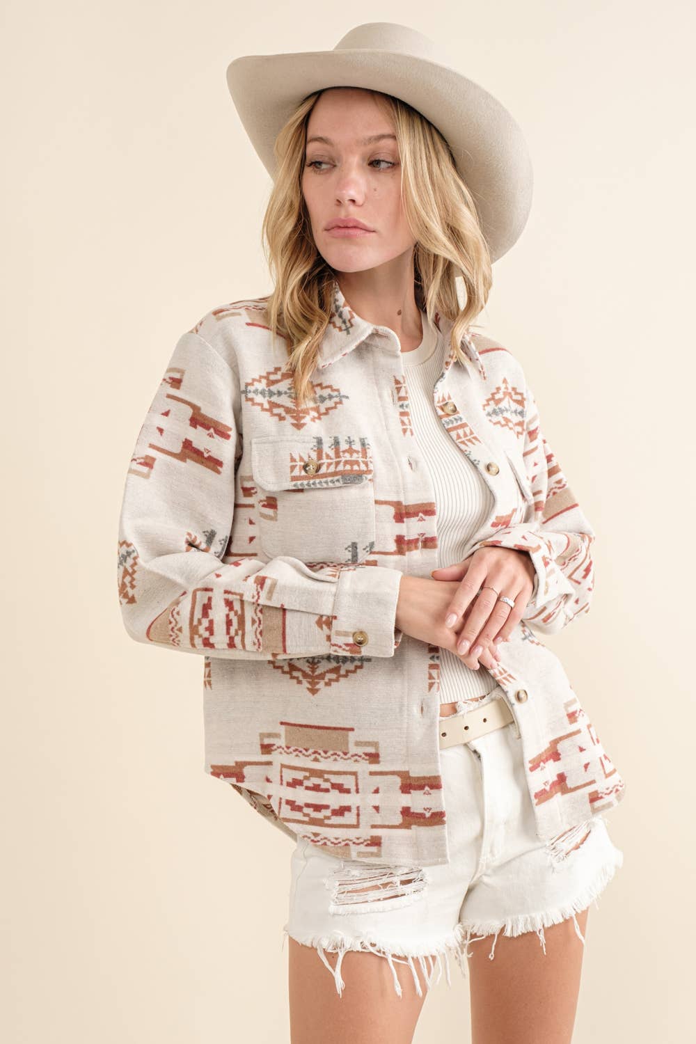 Aztec Chest Pocket Front Loose Shirt Jacket: TAUPE