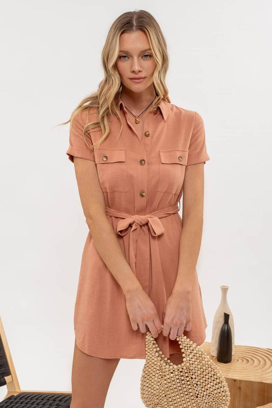 COLLARED BUTTON DOWN BELTED MINI DRESS: SIENNA