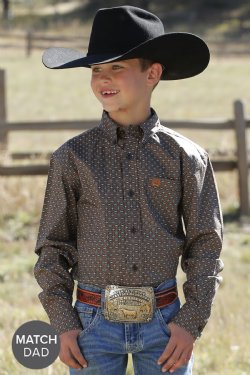 Boy's Geometric Print Button-Down Western Shirt - Brown