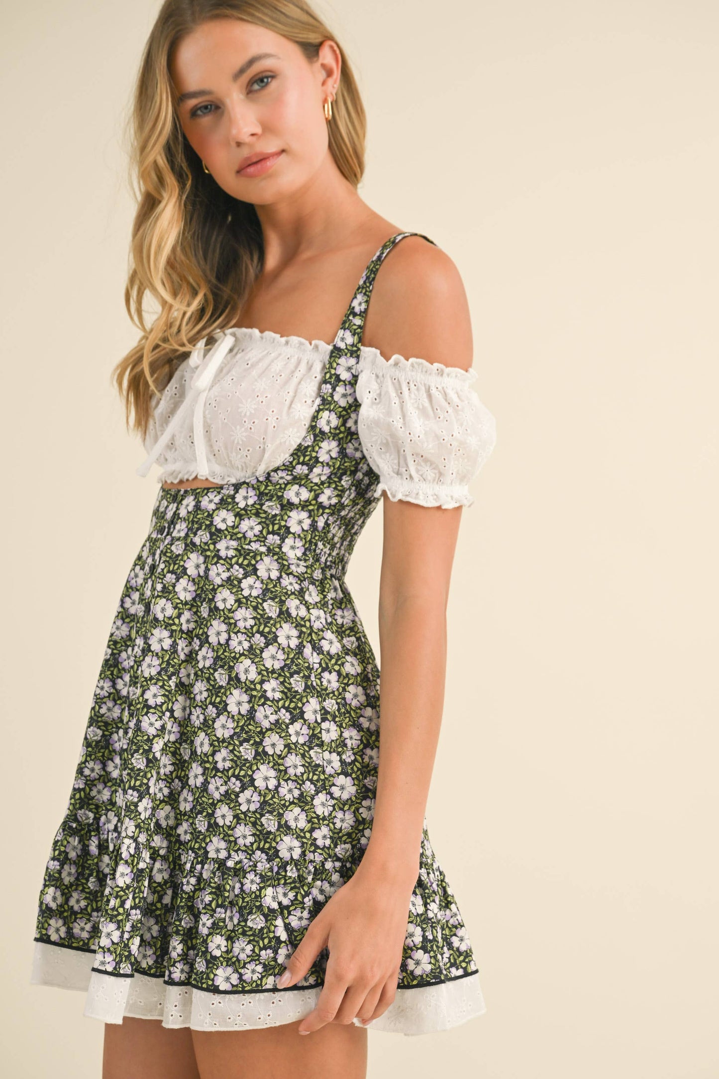 IST5524 EYELET TOP AND FLORAL SUSPENDER DRESS SET: