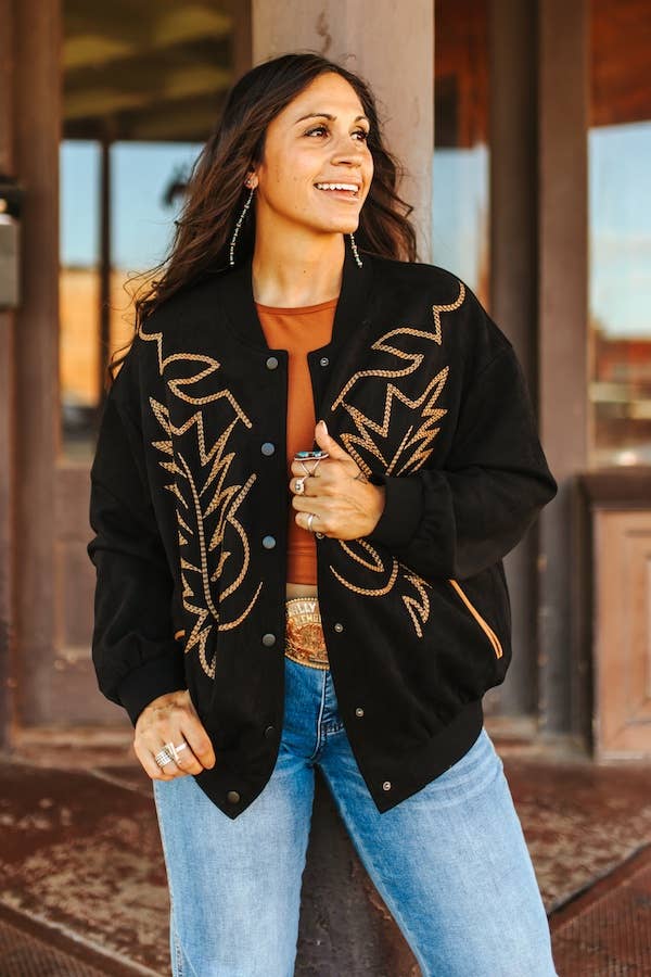 Black Suede Boot Stitching Embroidery Bomber Jacket: