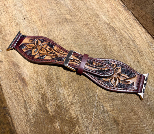 45mm Apple Watch band Floral Tooled Leather: Rustic Floral