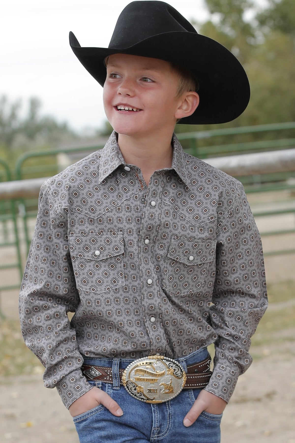 Boy's Geometric Print Button-Down Western Shirt - Gray