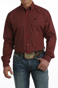 MEN'S GEOMETRIC PRINT BUTTON-DOWN WESTERN SHIRT - RED / BLACK