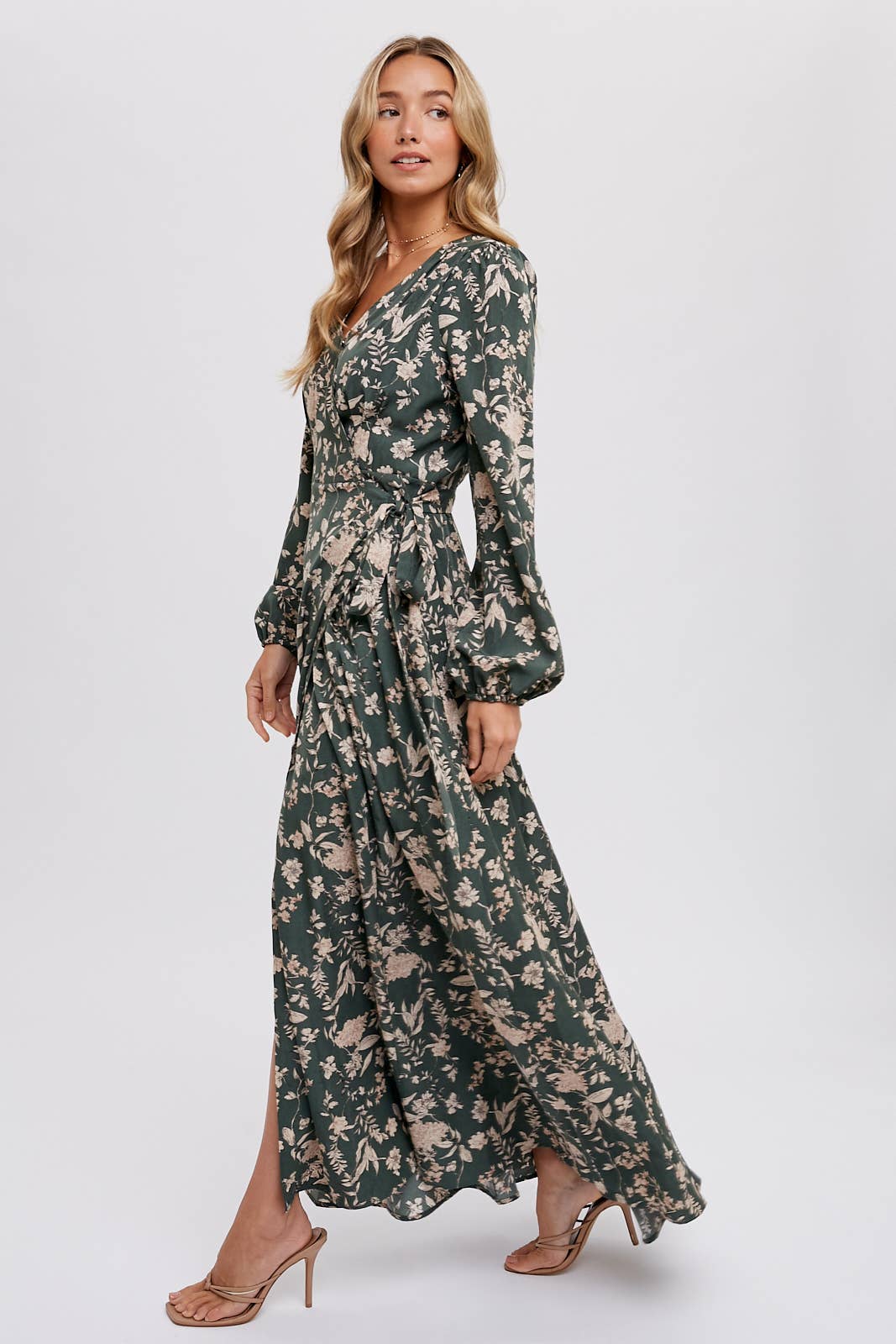 FLORAL PRINT WRAP MAXI DRESS: HUNTER GREEN