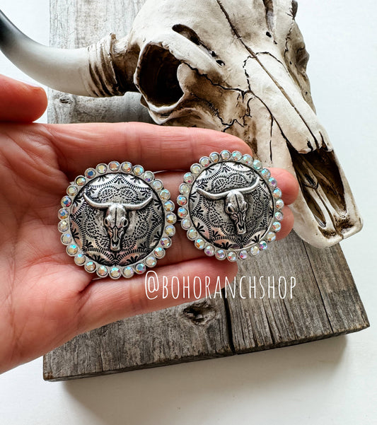 Western Steer Skull with Stone Stud Earrings