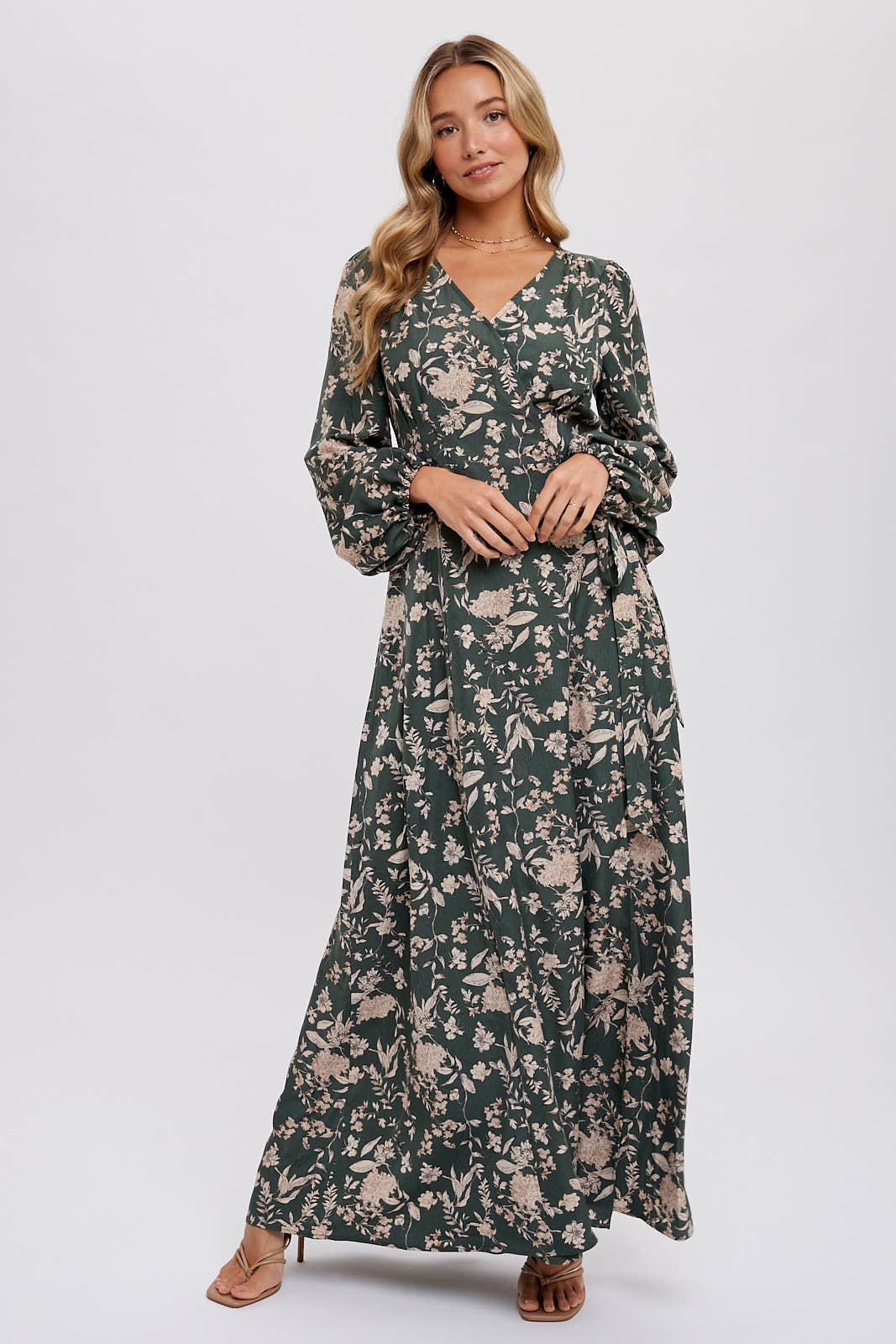 FLORAL PRINT WRAP MAXI DRESS: HUNTER GREEN