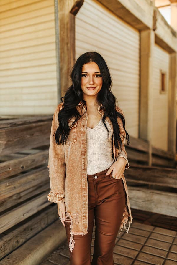 Camel Distressed Button Down Shirt: S