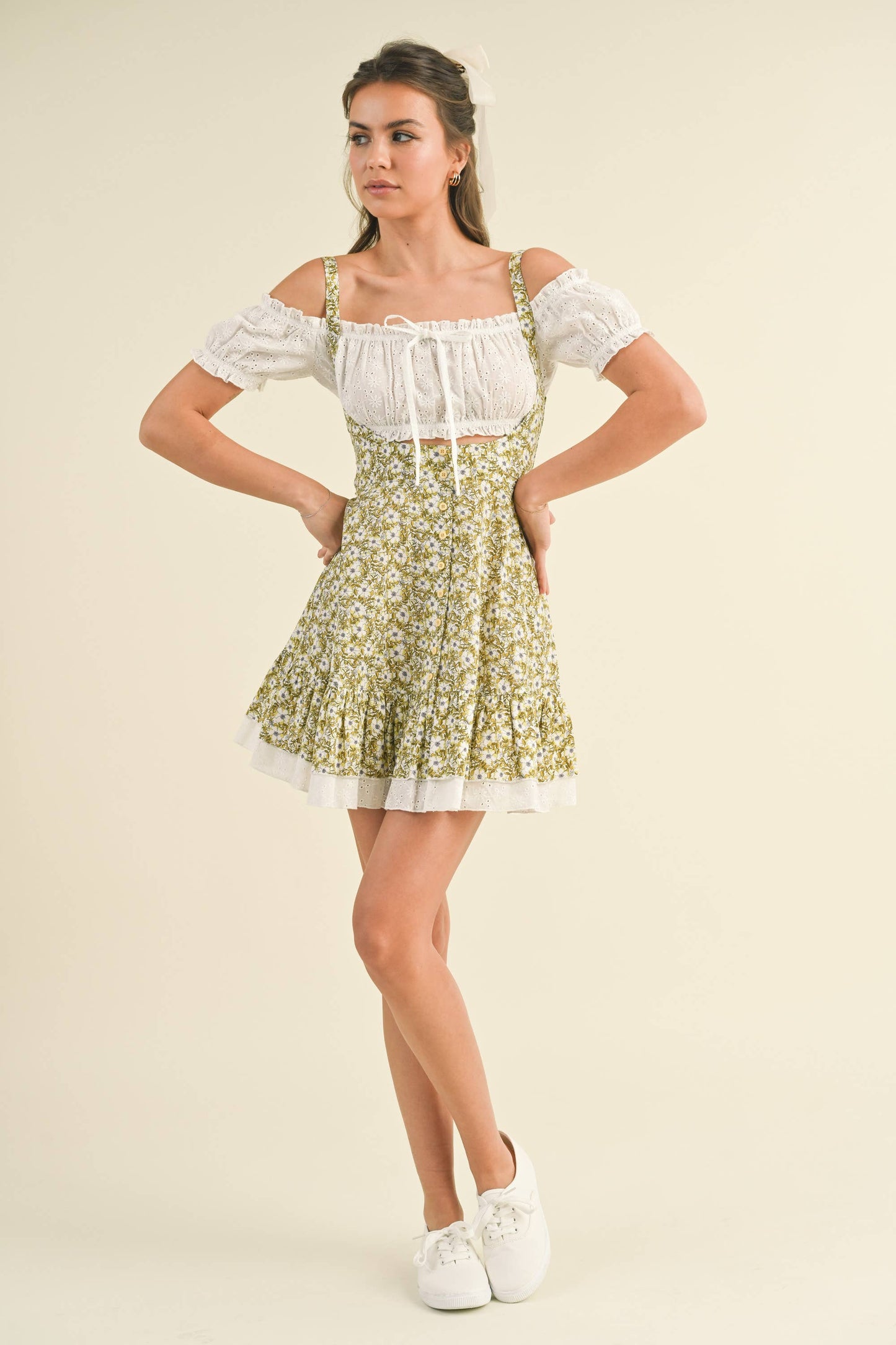 IST5524 EYELET TOP AND FLORAL SUSPENDER DRESS SET: