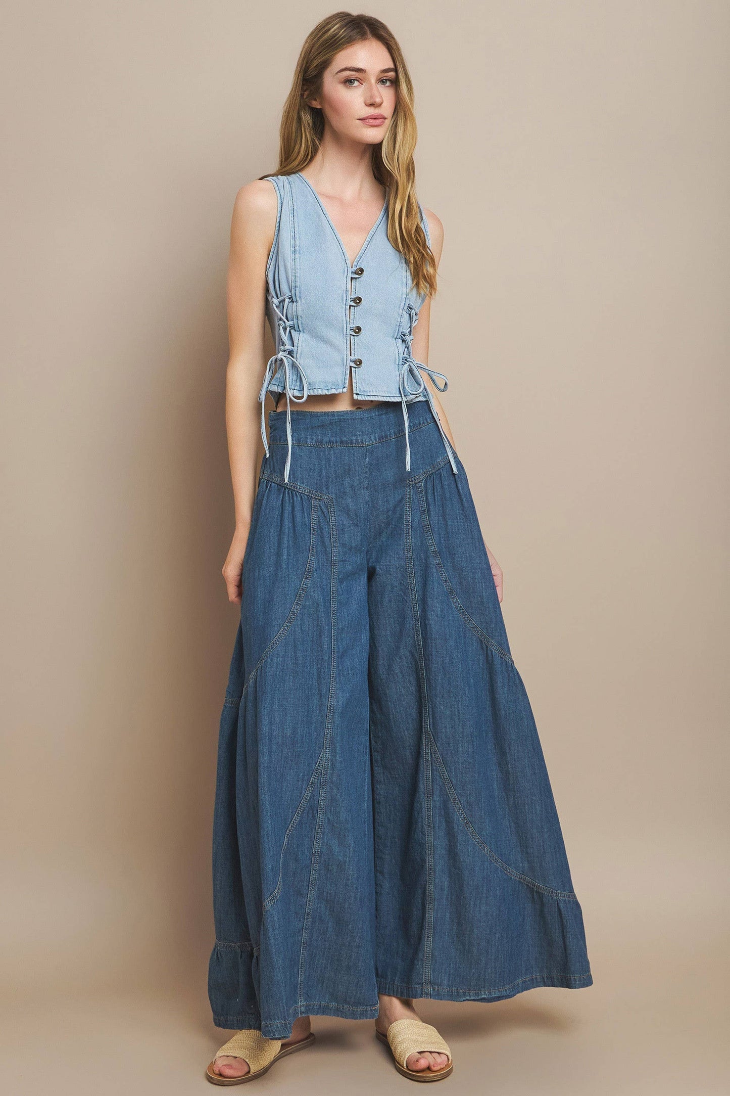 BOHO WIDE LEG DENIM TIERED PALAZZO PANTS