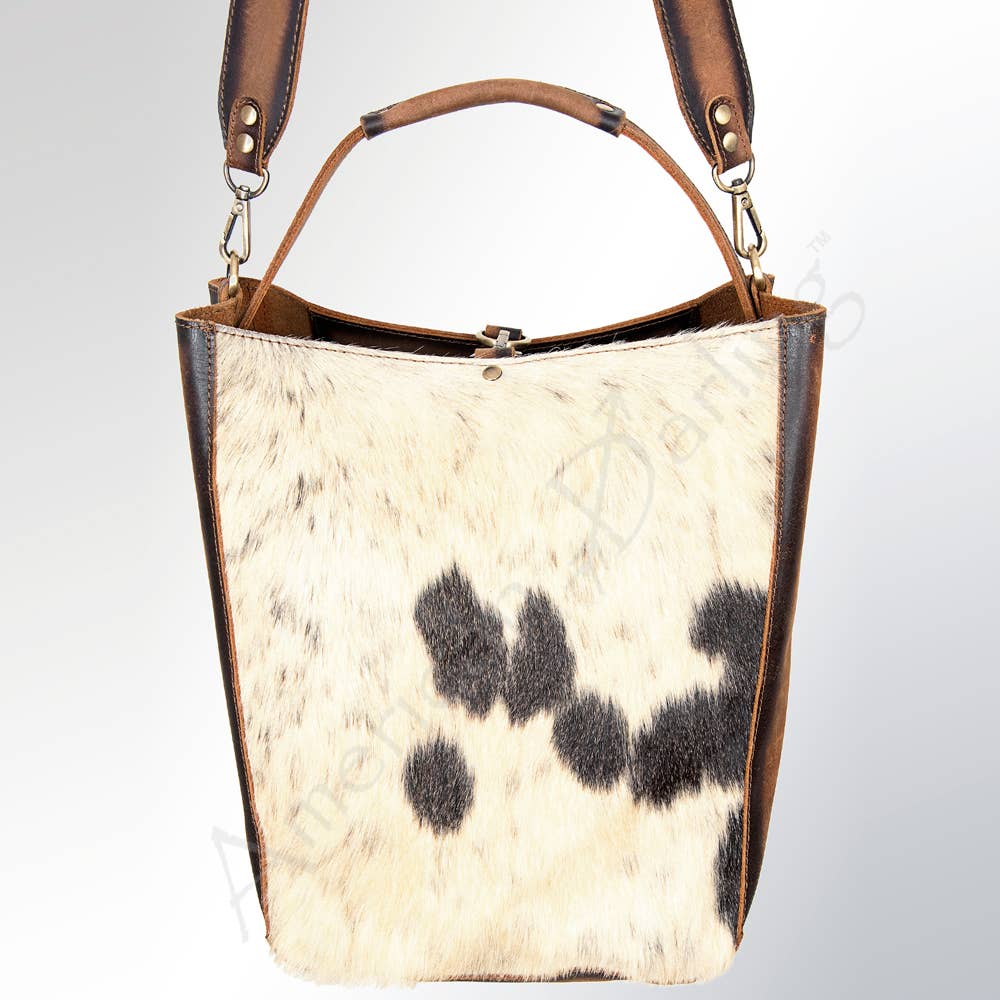 cowhide and leather bucket bag