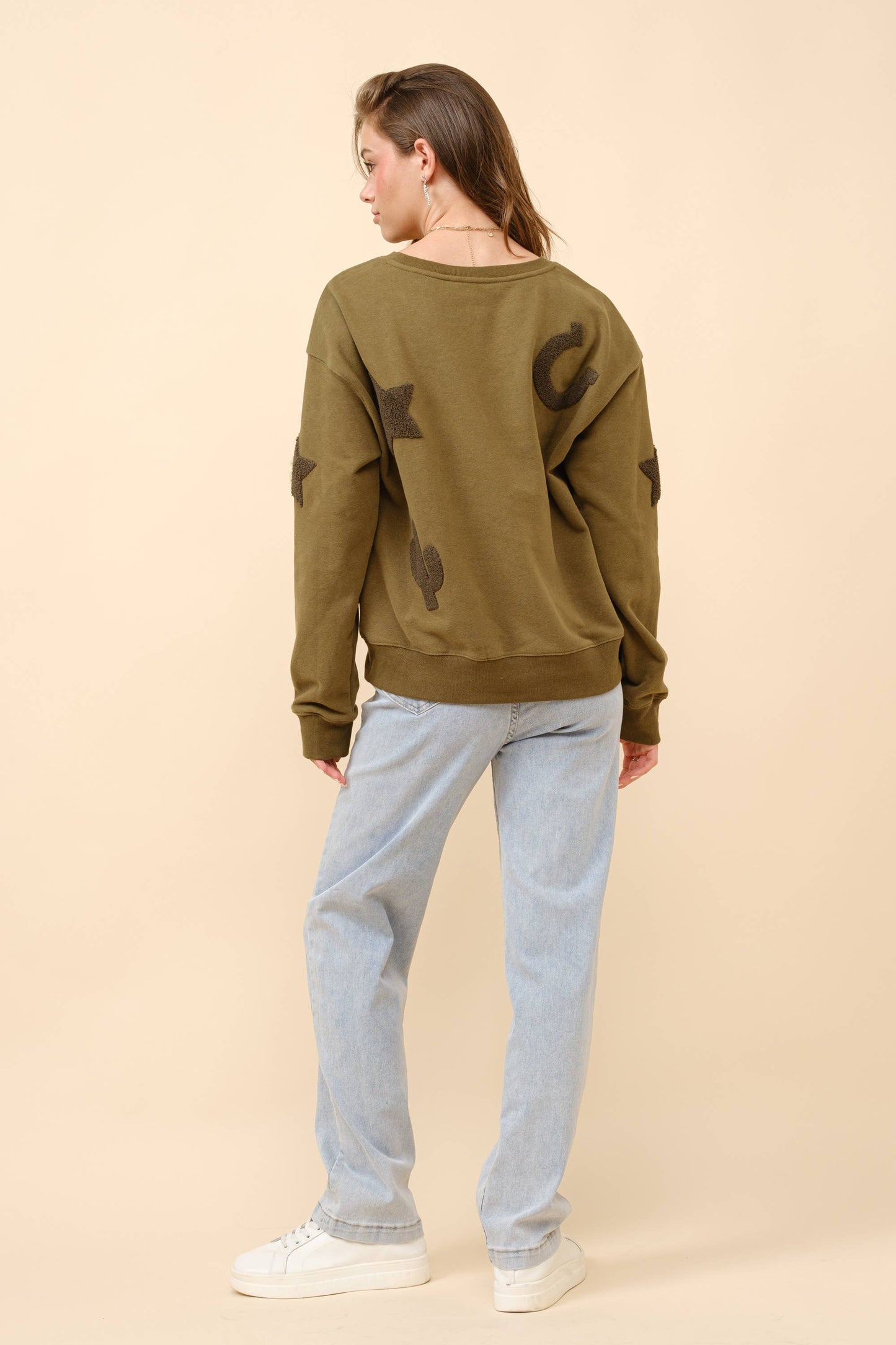 35073T - Western Textured Patchwork Sweatshirt: OLIVE / S