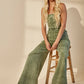 BOHO MINERAL WASH WIDE LEG DENIM JUMPSUIT 4406DEEP OLIVE :