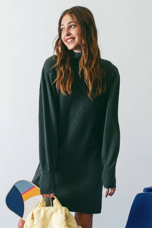 SOLID MOCK NECK KNIT SWEATER DRESS: HUNTER GREEN