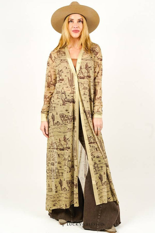 Western Desert Mesh Button Down Maxi Duster: S