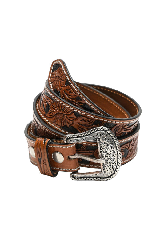 Tooled leather two tone adjustable belt #ABB 006: 42