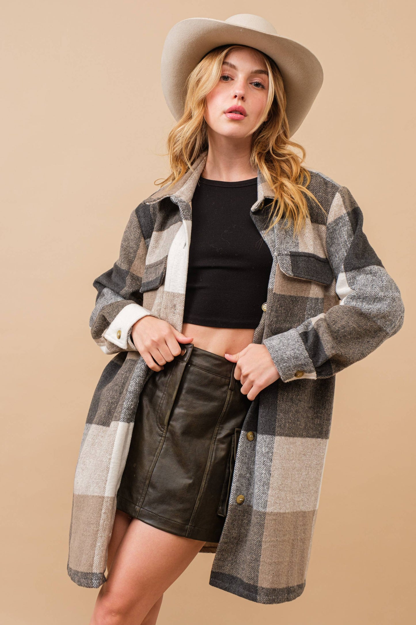 Yarn Dyed Plaid Button Up Long Shirt Jacket: