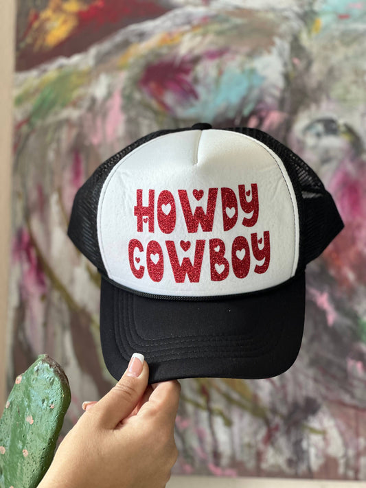 Howdy Cowboy Glitter Black/Wht Trucker Hat