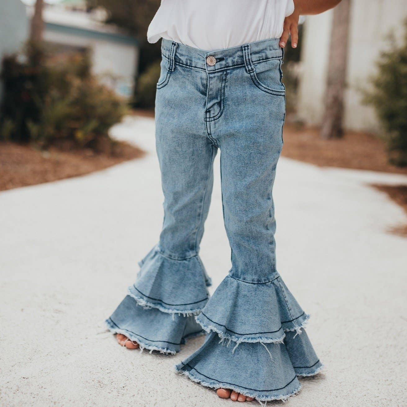 Kids Light Wash Denim Double Ruffle Jeans: 6