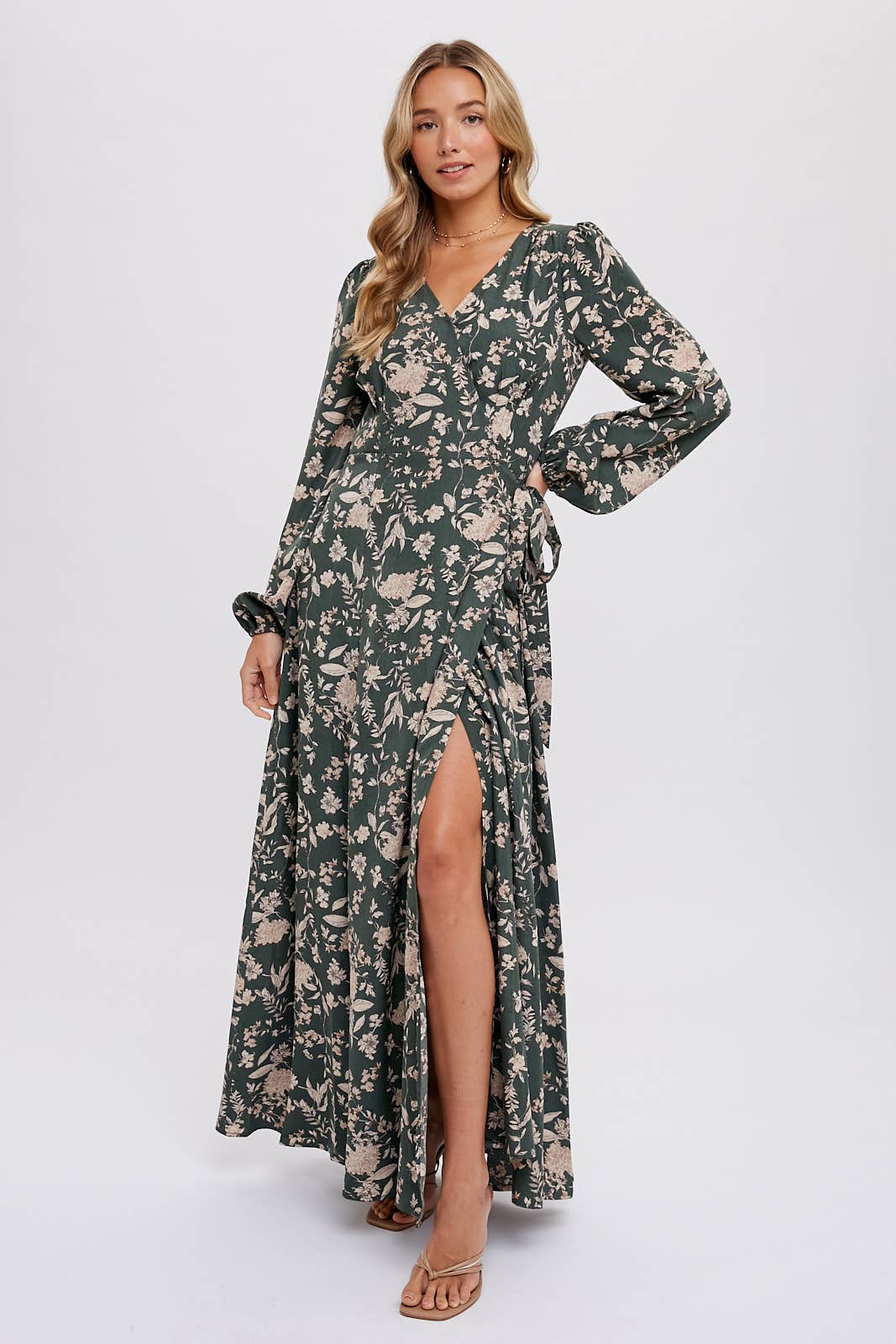 FLORAL PRINT WRAP MAXI DRESS: HUNTER GREEN